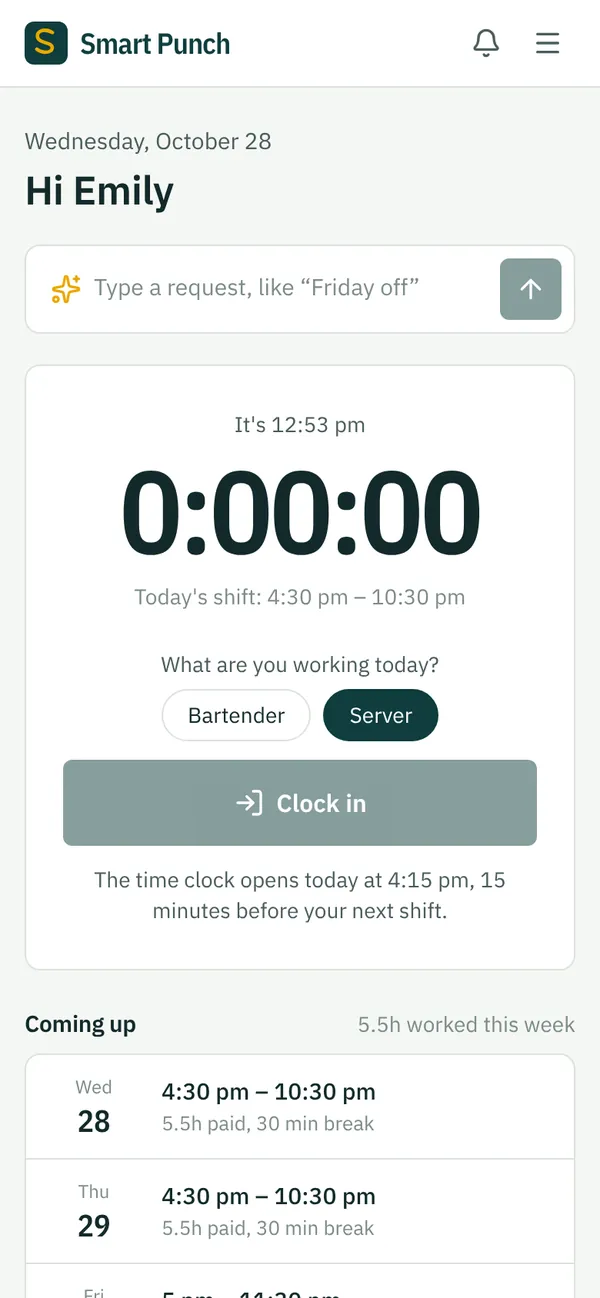 The phone time clock, closed until 15 minutes before her shift.